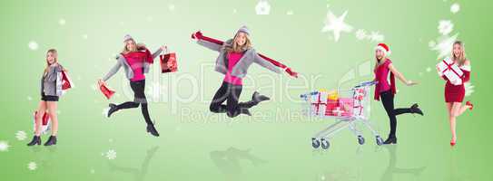 Composite image of stylish blonde holding shopping bags