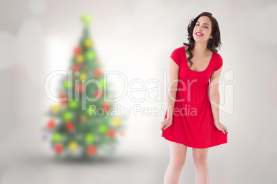 Composite image of stylish brunette in red dress