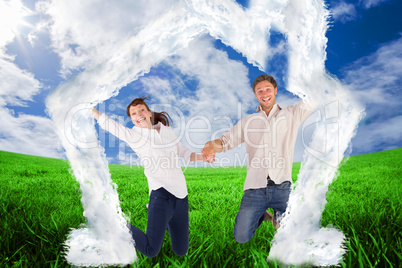 Composite image of couple jumping and holding hands