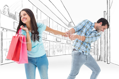 Composite image of happy couple with shopping bag