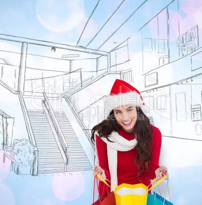 Composite image of festive brunette opening shopping bag