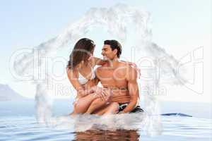 Composite image of couple sitting on pool edge together