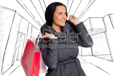 Composite image of smiling woman holding shopping bag