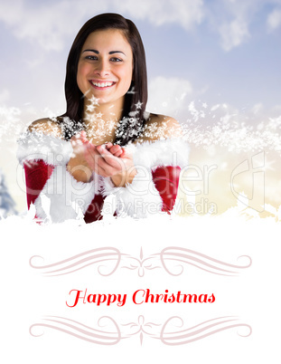 Composite image of pretty girl in santa outfit with hands out