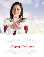 Composite image of pretty girl in santa outfit with hands out