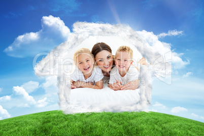 Composite image of laughing children playing with their mother l