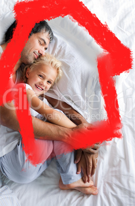 Composite image of father and daughter relaxing on bed