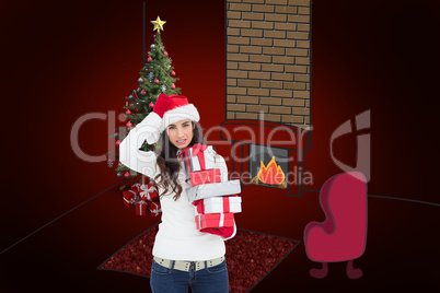 Composite image of stressed brunnette in santa hat holding gifts