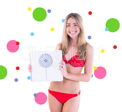 Composite image of fit blonde in red bikini showing scales