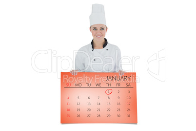 Composite image of happy female chef with billboard