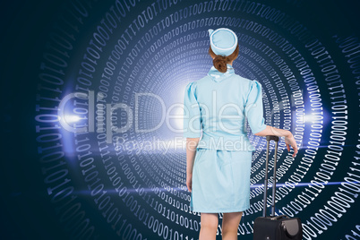 Composite image of pretty air hostess leaning on suitcase