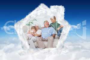 Composite image of smiling grandchildren embracing their grandpa