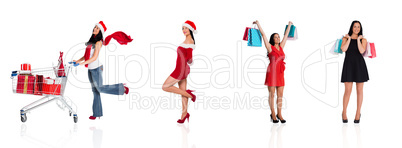 Composite image of woman walking with shopping bags