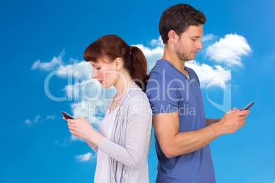 Composite image of couple both sending text messages