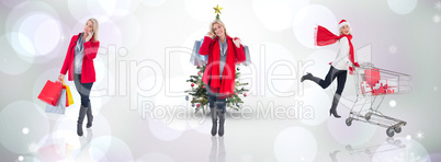 Composite image of blonde in winter clothes holding shopping bag