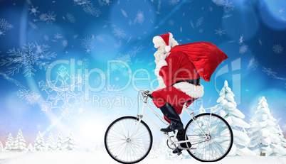 Composite image of santa claus delivering gifts with bicycle