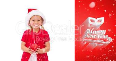 Composite image of cute little girl wearing santa hat holding ba