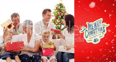 Composite image of happy family at home opening christmas presen