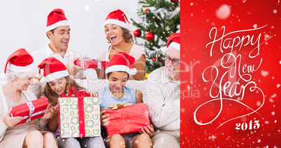 Composite image of excited family exchanging gifts at christmas