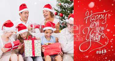Composite image of excited family exchanging gifts at christmas