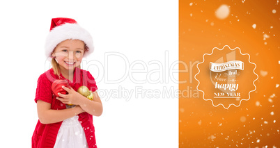 Composite image of cute little girl wearing santa hat holding ba