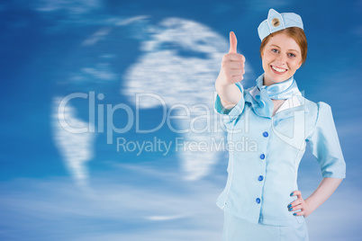 Composite image of pretty air hostess with hand on hip