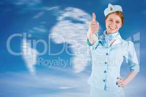 Composite image of pretty air hostess with hand on hip