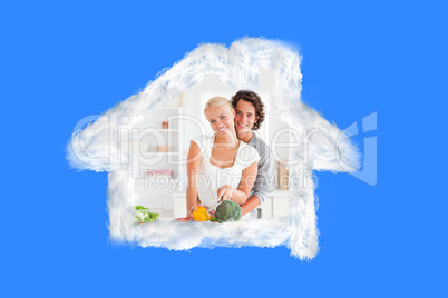 Composite image of lovely couple slicing pepper