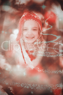 Composite image of festive little girl in hat and scarf