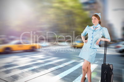 Composite image of pretty air hostess leaning on suitcase