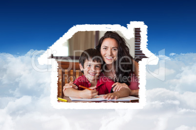 Composite image of happy mother helping his son for homework