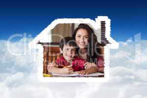 Composite image of happy mother helping his son for homework