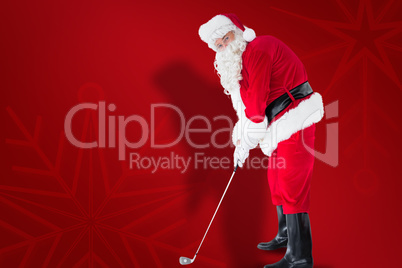 Composite image of happy santa claus playing golf