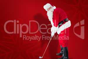 Composite image of happy santa claus playing golf