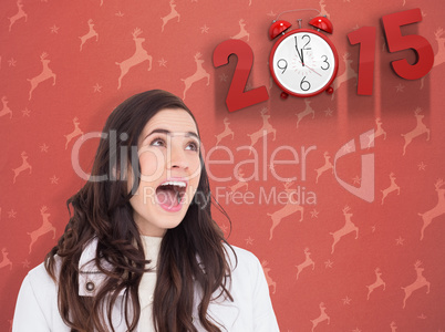 Composite image of beauty brown hair in white coat screaming