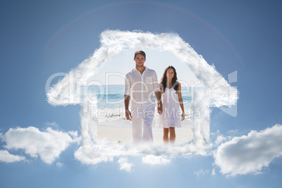 Composite image of beautiful couple holding hands and walking to