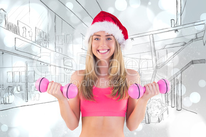 Composite image of festive fit blonde holding dumbbells