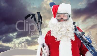 Composite image of happy santa posing with ski and ski poles