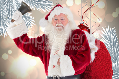 Composite image of happy santa ringing a bell