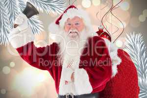 Composite image of happy santa ringing a bell