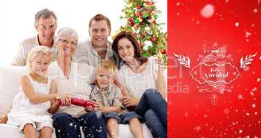 Composite image of children pulling crackers in christmas