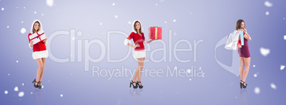 Composite image of pretty woman holding shopping bags with finge