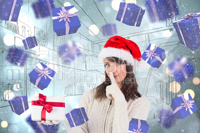 Composite image of festive brunette keeping a secret