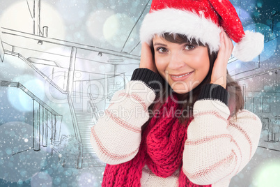 Composite image of cute brunette posing with her hands on head