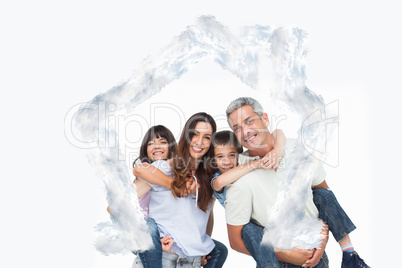 Composite image of smiling parents holding their children on bac