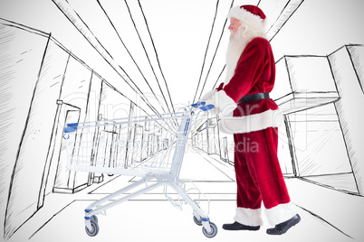 Composite image of santa pushes a shopping cart