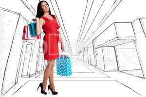 Composite image of woman standing with shopping bags