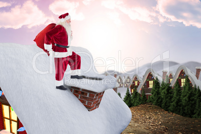 Composite image of santa on cottage roof