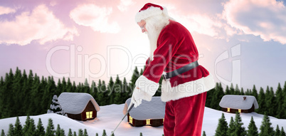 Composite image of santa claus is playing golf