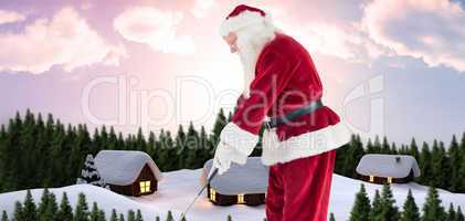 Composite image of santa claus is playing golf